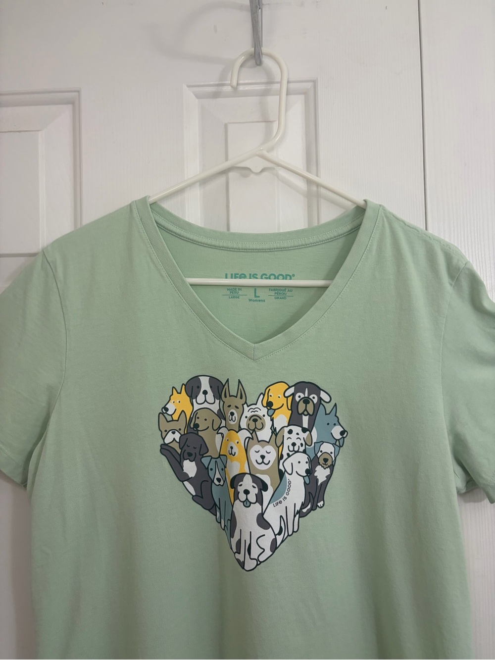 Life Is Good Mint Green V-Neck Tee with Heart Puppy Graphic - Picture 2 of 15